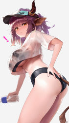 Rule 34 | !, 1girl, alternate costume, animal ears, arknights, ass, bikini, black bikini, black hat, blush, bottle, breasts, cleavage, closed mouth, commentary request, cow ears, cow horns, cow tail, cowboy shot, crop top, crop top overhang, cropped shirt, hand on own ass, hat, highres, holding, holding bottle, horns, ink., large breasts, looking at viewer, medium hair, midriff, orange eyes, ponytail, purple hair, shirt, short sleeves, sideroca (arknights), simple background, solo, sweat, swimsuit, tail, thighs, underboob, visor cap, water bottle, wet, wet clothes, wet shirt, white background, white shirt