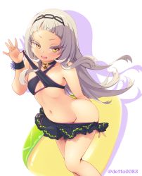 Rule 34 | 1girl, :d, bare arms, bare shoulders, bikini, bikini pull, black bikini, black choker, black hairband, blunt bangs, choker, clothes pull, colored eyelashes, deto, eyelashes, flat chest, hairband, highres, hololive, long hair, looking at viewer, murasaki shion, murasaki shion (hololive summer 2019), navel, official alternate costume, open mouth, pulling own clothes, silhouette, silver hair, smile, solo, star (symbol), star choker, swimsuit, twitter username, v-shaped eyebrows, very long hair, virtual youtuber, wristband, yellow eyes