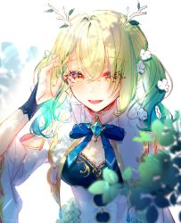 Rule 34 | 1girl, alternate hairstyle, antlers, arm cutout, bad id, bad twitter id, blurry, blurry foreground, blush, braid, braided bangs, breasts, brown eyes, capelet, ceres fauna, cleavage, dress, flower, green dress, green hair, hair flower, hair ornament, highres, holocouncil, hololive, hololive english, horns, leaf, medium breasts, open mouth, single braid, smile, solo, twintails, virtual youtuber, white background, white capelet, white flower, xoco
