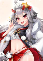 Rule 34 | 1girl, :d, absurdres, ahoge, azur lane, breasts, budget sarashi, cowboy shot, fur trim, gradient hair, grey hair, hair ornament, hand up, haori, hibiki (azur lane), highres, horns, huge filesize, japanese clothes, long hair, looking at viewer, midriff, miniskirt, multicolored hair, navel, open mouth, panties, panty peek, red eyes, red skirt, ryara, sarashi, skirt, small breasts, smile, solo, sparkle, stomach, underwear, v, wide sleeves