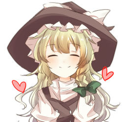 Rule 34 | 1girl, ^ ^, bad id, bad pixiv id, black dress, blonde hair, blush, braid, closed eyes, dress, female focus, happy, hat, heart, kirisame marisa, pasutel, shirt, simple background, sketch, smile, solo, touhou, upper body, witch, witch hat