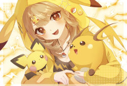 Rule 34 | 1girl, :d, blonde hair, blush, brown eyes, brown shirt, character hair ornament, commentary request, creatures (company), fang, game freak, gen 1 pokemon, gen 2 pokemon, hair ornament, happy, highres, hood, hood up, hooded jacket, jacket, lightning bolt symbol, long hair, long sleeves, looking at viewer, marumochi (muuun251), nintendo, open mouth, pichu, pikachu ears, pokemon, pokemon (creature), pokemon ears, raichu, shirt, skin fang, smile, star (symbol), tongue