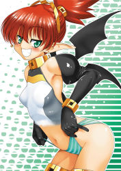 Rule 34 | 1girl, ass, bad id, bad pixiv id, bat wings, blush, breasts, collar, digital dissolve, earrings, elbow gloves, female focus, flat chest, gloves, green eyes, grin, jewelry, kamia (not found), no pants, original, panties, pantyshot, pixelated, ponytail, red hair, shiny clothes, smile, solo, striped clothes, striped panties, thighhighs, underwear, wings