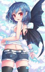 Rule 34 | 1girl, ass, bare arms, bare shoulders, bat wings, black thighhighs, black wings, blue hair, blue shorts, blush, breasts, commentary request, cowboy shot, crop top, denim, denim shorts, fang, from behind, highres, looking at viewer, looking back, midriff, open mouth, pointy ears, red eyes, remilia scarlet, short shorts, shorts, small breasts, solo, standing, sweat, tank top, thighhighs, torn wings, touhou, uumaru, white tank top, wings