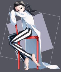 Rule 34 | 1boy, barefoot, bishounen series, black choker, black eyes, black hair, chair, choker, highres, jewelry, lab coat, long sleeves, looking at viewer, necklace, pants, ribbon choker, school uniform, short hair, simple background, sitting, sleeves past fingers, sleeves past wrists, solo, striped clothes, striped pants, yubiwa high school uniform, yubiwa sousaku, yubiwa sukida
