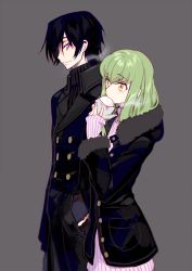 Rule 34 | 1boy, 1girl, baozi, black hair, black jacket, breath, c.c., code geass, couple, creayus, eating, enpera, fingernails, food, from side, fur trim, gloves, green hair, grey background, grey gloves, hand in another&#039;s pocket, holding, holding food, holding hands, hood, hood down, jacket, lelouch vi britannia, long hair, long sleeves, looking at another, m&amp;m (mickey and mackey), nail polish, pink nails, pink sweater, purple eyes, scarf, simple background, smile, standing, sweater, yellow eyes