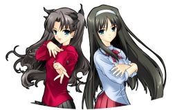 Rule 34 | 00s, 2girls, black hair, bow, crossed arms, crossover, fate/stay night, fate (series), green eyes, hair bow, hairband, hand on own chest, long hair, multiple girls, naruse hirofumi, tohsaka rin, tohno akiha, tsukihime, turtleneck, very long hair