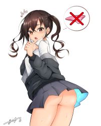 Rule 34 | 1girl, :o, ^^^, ass, bad id, bad pixiv id, black jacket, black skirt, bloody0rabby, blush, brown eyes, brown hair, clothes lift, collared shirt, dress shirt, hair between eyes, highres, idolmaster, idolmaster cinderella girls, jacket, long hair, long sleeves, looking at viewer, looking back, mask, mask pull, mole, mole under eye, mouth mask, no panties, off shoulder, open mouth, panties, pink panties, sharp teeth, shirt, signature, skirt, skirt lift, solo, sunazuka akira, surgical mask, sweat, tears, teeth, thighs, thought bubble, twintails, underwear, white background, white shirt, wind, wind lift