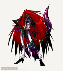 Rule 34 | 1boy, alternate color, bad id, bad pixiv id, black hair, claws, colored sclera, formal, gradient hair, grin, hand on own hip, hip focus, ichi (ichikai), long hair, male focus, multicolored hair, original, player 2, red eyes, red hair, scar, simple background, smile, solo, suit, very long hair, yellow sclera