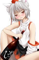 Rule 34 | 1girl, alcohol, animal ears, asymmetrical clothes, blush, bottle, breasts, detached sleeves, drunk, fang, hat, highres, inubashiri momiji, looking at viewer, open mouth, pom pom (clothes), red eyes, sake, sake bottle, short hair, silver hair, simple background, sitting, solo, tokin hat, touhou, white background, wolf ears, yamabuki (yamabuki xxxxx)
