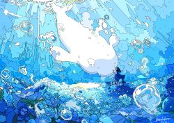 Rule 34 | 1girl, absurdres, animal, beluga whale, blue dress, blue theme, bubble, dress, field, flower, flower field, highres, nara lalana, ocean, original, scenery, surreal, underwater, whale