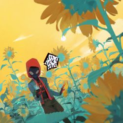 Rule 34 | 1boy, a-shacho, absurdres, bodysuit, dutch angle, field, flower, flower field, highres, hood, hoodie, huge filesize, jacket, leaf, male focus, marvel, miles morales, sky, solo, spider-man: into the spider-verse, spider-man (miles morales), spider-man (series), spider-verse, sun, sunflower, sunflower field, yellow background, yellow sky