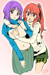 Rule 34 | 2girls, bad id, bad pixiv id, blush, breasts, clothes lift, covering privates, covering breasts, curly hair, eyelashes, large breasts, long hair, multiple girls, navel, no bra, original, panties, plaid, popqn, purple eyes, purple hair, red eyes, red hair, shirt lift, shorts, underwear