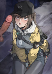Rule 34 | 1boy, 1girl, absurdres, armband, banssee, baseball cap, between legs, black headwear, black pantyhose, blue eyes, blush, boots, breasts, brown hair, dima (girls&#039; frontline), erection, girls&#039; frontline, gloves, hand between legs, hat, heart, hetero, highres, jacket, large breasts, lower teeth only, open clothes, open jacket, open mouth, pantyhose, penis, penis awe, penis shadow, ponytail, sidelocks, sitting, teeth, testicles, tongue, trembling, uncensored, yellow jacket