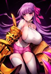Rule 34 | 1girl, bare shoulders, belt collar, black background, blush, breasts, claw (weapon), claws, closed mouth, collar, collarbone, commentary, covered navel, fate/grand order, fate (series), hair ribbon, highres, huge breasts, long hair, looking at viewer, o-ring, o-ring top, passionlip (fate), passionlip (third ascension) (fate), pink eyes, pink ribbon, purple hair, revealing clothes, ribbon, sideboob, simple background, solo, thighhighs, weapon, white collar, white thighhighs, zerocat