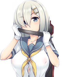 Rule 34 | 10s, 1girl, blue eyes, blush, breasts, cleavage, covered erect nipples, gloves, hair ornament, hair over one eye, hairclip, hamakaze (kancolle), kantai collection, large breasts, looking at viewer, no bra, personification, school uniform, serafuku, short hair, silver hair, simple background, solo, uni8, white background, white gloves