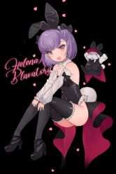 Rule 34 | 1girl, :d, animal ears, bare shoulders, black background, black bow, black footwear, black leotard, black thighhighs, blush, bow, breasts, character name, detached collar, detached sleeves, fake animal ears, fate/grand order, fate (series), full body, hair bow, heart, helena blavatsky (fate), high heels, leotard, looking at viewer, miyako (xxxbibit), open mouth, purple eyes, purple hair, rabbit ears, rabbit tail, short hair, sideboob, simple background, small breasts, smile, solo, strapless, strapless leotard, tail, thighhighs