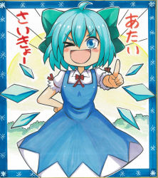 Rule 34 | &gt; o, 1girl, ahoge, aqua hair, blue dress, blue eyes, blush, bow, cirno, dress, fang, flat chest, hair bow, hand on own hip, ice, ice wings, marker (medium), one eye closed, shikishi, short hair, short sleeves, solo, touhou, traditional media, wings, yagami (mukage)