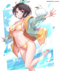Rule 34 | 1girl, animal, animal on arm, aqua eyes, barefoot, bikini, bikini under clothes, bird, black hair, bow, breasts, duck, floating hair, foot up, hair bow, hololive, hong (white spider), hood, hooded jacket, jacket, medium breasts, multicolored clothes, multicolored jacket, navel, oozora subaru, oozora subaru (hololive summer 2019), outstretched arms, patreon username, polka dot, polka dot bow, short hair, smile, standing, standing on one leg, stomach, strap gap, striped bikini, striped clothes, swimsuit, two-tone jacket, virtual youtuber