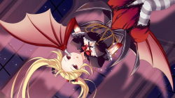 Rule 34 | 1girl, artist request, bat wings, black dress, blonde hair, breasts, cleavage, dress, game cg, hat, long hair, mini hat, monster musume no iru nichijou, monster musume no iru nichijou online, official art, open mouth, pirati (monster musume), pointy ears, red eyes, solo, striped clothes, striped thighhighs, thighhighs, twintails, upside-down, winged arms, wings