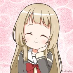 Rule 34 | 1girl, ^ ^, blush, bow, brown hair, closed eyes, closed mouth, commentary request, facing viewer, forehead, grey jacket, hand on own face, hand up, jacket, long hair, mitya, nogi sonoko, open clothes, open jacket, pink background, red bow, sailor collar, shirt, smile, solo, twitter username, upper body, white sailor collar, white shirt, yuuki yuuna wa yuusha de aru, yuusha de aru