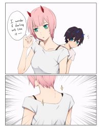 Rule 34 | 10s, 1boy, 1girl, alternate hair length, alternate hairstyle, beige shirt, black hair, blue eyes, blue horns, bra strap, breasts, collarbone, colorized, comic, commentary, couple, darling in the franxx, english text, from behind, green eyes, hand in own hair, hand up, hetero, highres, hiro (darling in the franxx), horns, k 016002, medium breasts, off shoulder, oni horns, pink hair, red horns, shirt, short hair, spoilers, upper body, white shirt, zero two (darling in the franxx)