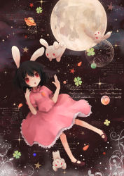 Rule 34 | 1girl, animal ears, black hair, rabbit, rabbit ears, carrot, carrot necklace, dress, female focus, full moon, highres, inaba tewi, isegawa yasutaka, jewelry, moon, necklace, pendant, planet, red eyes, short hair, solo, star (symbol), touhou