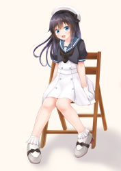 Rule 34 | 1girl, alternate costume, asashio (kancolle), black hair, black ribbon, blue eyes, blue jacket, blue sailor collar, bobby socks, chair, comiching, commentary, cosplay, dress, full body, gloves, gradient background, hat, highres, jacket, jervis (kancolle), jervis (kancolle) (cosplay), kantai collection, long hair, looking at viewer, neck ribbon, open mouth, ribbon, sailor collar, sailor dress, sailor hat, shadow, short sleeves, sitting, smile, socks, solo, white background, white dress, white gloves, white hat, white socks