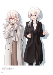 Rule 34 | 2girls, black coat, blue eyes, can, coat, collared shirt, copyright name, dress shirt, earrings, closed eyes, glasses, grey coat, hair over shoulder, hazuki shizuku, highres, holding, holding can, jewelry, long hair, long sleeves, multiple girls, new game!, official art, open clothes, open shirt, page number, ponytail, red-framed eyewear, rimless eyewear, shadow, shirt, silver hair, standing, tokunou shoutarou, white background, white shirt, wing collar, yamato christina wako