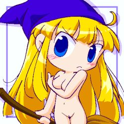 Rule 34 | 1girl, blonde hair, blue eyes, blush, breasts, broom, chibi, cleft of venus, female focus, hat, long hair, lowres, madou monogatari, medium breasts, navel, nipples, nude, pussy, puyopuyo, shinogo~, solo, tagme, uncensored, witch, witch (puyopuyo), witch hat