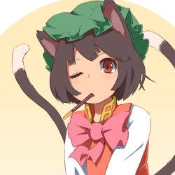 Rule 34 | 1girl, animal ears, bow, bowtie, brown eyes, brown hair, cat ears, cat tail, chen, d@i, food, food in mouth, green headwear, hat, highres, looking at viewer, mob cap, multiple tails, nekomata, pocky, pocky in mouth, tail, touhou, two tails
