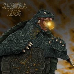 Rule 34 | absurdres, breath weapon, character name, claws, daiei film, elbow blade, elbow spikes, energy, energy ball, fire, fireball, gamera, gamera (series), gamera 2: advent of legion, glowing, glowing mouth, glowing throat, glowing veins, green eyes, highres, kadokawa, kaiju itchokusen (monster straight line), kaijuu, no humans, open mouth, orange background, plasma, plasma fireball, roaring, simple background, teeth, tongue, turtle, tusks, veins