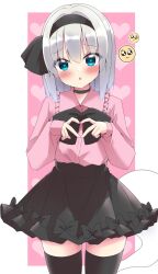 Rule 34 | 1girl, 1other, alternate costume, black bow, black bowtie, black choker, black hairband, black skirt, black thighhighs, blue eyes, blush, bob cut, border, bow, bowtie, choker, collared shirt, commentary request, cowboy shot, emoji, frilled shirt collar, frills, grey hair, hair between eyes, hair bow, hairband, heart, heart-shaped pupils, heart background, heart hands, highres, hitodama, konpaku youmu, konpaku youmu (ghost), long sleeves, looking at viewer, medium hair, outside border, parted lips, patterned background, pink background, pink shirt, pleading face emoji, shirt, shishiky, simple background, skindentation, skirt, sleeves past wrists, solo focus, standing, symbol-shaped pupils, thighhighs, touhou, white border, zettai ryouiki