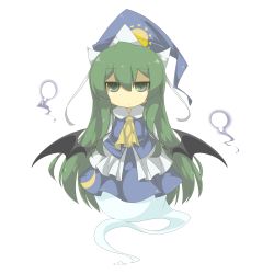 Rule 34 | 1girl, absurdres, bad id, bad pixiv id, bat wings, crescent, eiri (eirri), expressionless, female focus, ghost, green eyes, green hair, hat, highres, long hair, matching hair/eyes, mima (touhou), moon, simple background, solo, sun, touhou, touhou (pc-98), wings, wizard hat