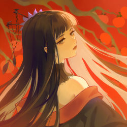 Rule 34 | 1girl, bare shoulders, bat hair ornament, black collar, black hair, blunt bangs, branch, chinese commentary, collar, commentary request, expressionless, final fantasy, final fantasy xiv, flower, food, from behind, fruit, grey eyes, hair flower, hair ornament, half-closed eyes, highres, lace collar, long hair, looking at viewer, looking back, off shoulder, persimmon, portrait, red background, solo, straight hair, xiang wan wei wan, yotsuyu goe brutus
