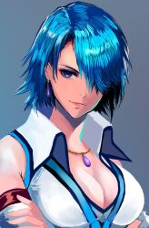 Rule 34 | 1girl, bare shoulders, blue eyes, blue hair, breasts, cleavage, collared shirt, crystal earrings, earrings, fire emblem, fire emblem: radiant dawn, highres, jewelry, kyel hyde, large breasts, lucia (fire emblem), nintendo, shirt, short hair, sleeveless, sleeveless shirt, solo, white shirt