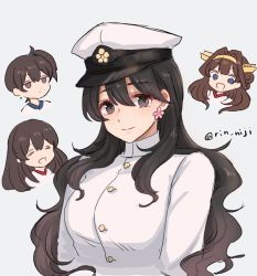 Rule 34 | 4girls, akagi (kancolle), black hair, breasts, brown hair, buttons, closed eyes, commentary request, earrings, female admiral (kancolle), grey background, grey eyes, hair between eyes, hat, headgear, japanese clothes, jewelry, kaga (kancolle), kantai collection, kongou (kancolle), long hair, looking at viewer, military, military hat, military uniform, multiple girls, open mouth, peaked cap, rin (rin niji), side ponytail, simple background, smile, twitter username, uniform, upper body, wavy hair, white headwear