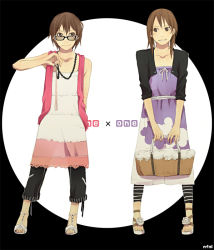 Rule 34 | 2girls, basket, black-framed eyewear, black jacket, blush, brown eyes, brown hair, buttons, capri pants, collarbone, cropped jacket, dress, fashion, flat chest, flower, full body, glasses, holding, jacket, jewelry, lace, lace-trimmed dress, lace trim, leggings, long sleeves, looking at viewer, looking to the side, multiple girls, necklace, open clothes, open vest, original, pants, parted lips, rose, sandals, shoe flower, shoes, short hair, sleeves pushed up, smile, socks, standing, striped clothes, striped legwear, striped socks, t-strapped footwear, toeless footwear, two-tone background, unbuttoned, v arms, vest, white flower, white footwear, white rose, yoshito
