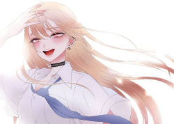Rule 34 | barbell piercing, black choker, blonde hair, blue necktie, breasts, choker, ear piercing, earrings, fingernails, fukuda shinichi, hand on own head, highres, industrial piercing, jewelry, kitagawa marin, long fingernails, medium breasts, multicolored hair, multiple piercings, nail polish, necktie, official art, open mouth, partially unbuttoned, piercing, pink hair, ring, shirt, smile, sono bisque doll wa koi wo suru, stud earrings, two-tone hair, upper body, white background, white nails, white shirt