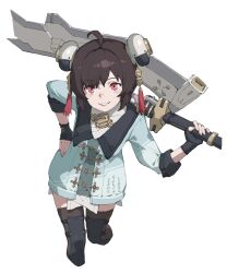 Rule 34 | 1girl, absurdres, ahoge, aqua coat, brown hair, chinese knot, coat, feet out of frame, fingerless gloves, gloves, greatsword, hair ornament, hairpods, hand on own hip, highres, holding, holding weapon, knee pads, lapels, looking at viewer, nainainainainaiya, over shoulder, parted lips, petite, pulao: dragontoll (dragonwood) (punishing: gray raven), pulao (punishing: gray raven), punishing: gray raven, red eyes, short hair, simple background, sleeves rolled up, solo, swept bangs, sword, tassel, tassel hair ornament, thighhighs, weapon, weapon over shoulder, white background, zettai ryouiki