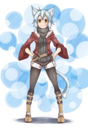 Rule 34 | 1girl, animal ears, blue hair, boots, bubble background, cat ears, cat tail, fur trim, hands on own hips, jacket, legs apart, pantyhose under shorts, long sleeves, looking at viewer, orange eyes, original, pantyhose, ryota tentei, scar, shorts, smile, solo, sweater, tail, tora tentei, wide sleeves