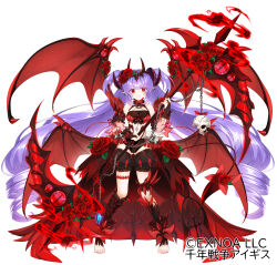 Rule 34 | 1girl, bare shoulders, barefoot, bridal gauntlets, cape, chain, choker, commentary, company name, copyright name, curled horns, demon horns, demon tail, demon wings, drill hair, earrings, fang, flower, gluteal fold, hair flower, hair ornament, halterneck, highres, holding, holding scythe, horns, jewelry, kanna (chaos966), long hair, looking at viewer, low wings, multiple earrings, multiple horns, multiple wings, official art, pigeon-toed, pointy ears, purple hair, red cape, red eyes, red flower, red ribbon, red rose, red wings, ribbon, rose, roselyn (sennen sensou aigis), scythe, sennen sensou aigis, simple background, skull, smile, solo, spiked wings, standing, tail, tail flower, tail ornament, too many eyes, two side up, very long hair, waist cape, white background, wings