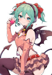 Rule 34 | 1girl, bare shoulders, belt, black thighhighs, blue eyes, blush, bow, breasts, cleavage, cleavage cutout, clothing cutout, commentary request, demon girl, demon tail, demon wings, detached sleeves, green hair, hair between eyes, hair bow, hatsune miku, headset, heart, heart hunter (module), highres, hip vent, ikeuchi tanuma, layered skirt, looking at viewer, medium hair, miniskirt, navel cutout, project diva (series), red bow, shirt, simple background, skirt, sleeveless, sleeveless shirt, small breasts, smile, solo, spoken heart, tail, thighhighs, twintails, vocaloid, white background, wings, zettai ryouiki