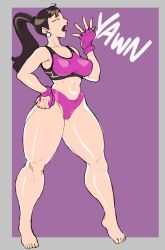 Rule 34 | 1girl, absurdres, alternate hairstyle, ass, bare legs, barefoot, breasts, brown hair, brycecarringto5, capcom, chun-li, crop top, curvy, earrings, eyeliner, feet, gloves, hand on own hip, high ponytail, highres, jewelry, large breasts, makeup, ponytail, shiny skin, sports bikini, sports bra, street fighter, thick thighs, thighs, underwear, wide hips, yawning