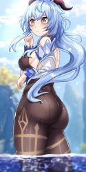 Rule 34 | 1girl, absurdres, ahoge, ass, bare shoulders, blue hair, bodysuit, breasts, brown eyes, detached sleeves, embarrassed, from behind, from side, ganyu (genshin impact), genshin impact, gloves, goat horns, highres, horns, huge ass, large breasts, leotard, long hair, looking at viewer, o22no, pantyhose, parted lips, shiny clothes, shiny skin, sideboob, solo, very long hair, water, wet, wet clothes, wet hair