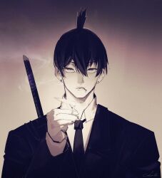 Rule 34 | 1boy, absurdres, black hair, black jacket, black necktie, chainsaw man, chilakkk, cigarette, collared shirt, earrings, formal, hair between eyes, hayakawa aki, highres, holding, holding lighter, jacket, jewelry, katana, lighter, looking at viewer, monochrome, necktie, shirt, shirt tucked in, short hair, signature, smoke, smoking, solo, stud earrings, suit, suit jacket, sword, topknot, weapon, weapon on back, white shirt