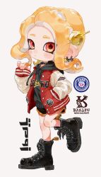 Rule 34 | 1girl, absurdres, black choker, black footwear, black hoodie, blonde hair, boots, choker, closed mouth, commentary request, earrings, full body, hand in pocket, highres, hood, hoodie, jacket, jewelry, letterman jacket, medium hair, myon rio, nintendo, octoling, octoling girl, octoling player character, red eyes, simple background, solo, splatoon (series), standing, standing on one leg, tentacle hair, white background
