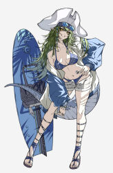 Rule 34 | 1girl, absurdres, arknights, bikini, bikini under shorts, blue-tinted eyewear, blue bikini, blue jacket, breasts, chainsaw, collarbone, crocodilian tail, eyewear on head, full body, gavial (arknights), gavial the invincible (arknights), gavial the invincible (holiday) (arknights), green hair, grey background, grin, groin, hand on own hip, hat, highres, jacket, jewelry, leaning forward, long hair, long sleeves, looking at viewer, material growth, medium breasts, octagonal eyewear, off shoulder, official alternate costume, open clothes, open jacket, oripathy lesion (arknights), parted lips, pointy ears, puffy long sleeves, puffy sleeves, ring, sandals, shokikanes, short shorts, shorts, simple background, smile, solo, standing, sunglasses, surfboard, swimsuit, tail, teeth, tinted eyewear, tricorne, unbuttoned, white hat
