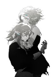 Rule 34 | 1boy, 1girl, artist name, bandaged arm, bandages, braid, closed eyes, closed mouth, commentary, dress, earrings, greyscale, hair between eyes, hair ornament, hairclip, highres, holding, holding own hair, hug, jewelry, kaninn, link, long hair, looking at viewer, monochrome, nintendo, pointy ears, princess zelda, short hair, simple background, single earring, spot color, the legend of zelda, the legend of zelda: breath of the wild, the legend of zelda: tears of the kingdom, white background