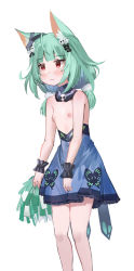 Rule 34 | 1girl, animal ear fluff, animal ears, black bow, blue hair, blunt bangs, blush, bow, cat ears, closed mouth, detached collar, ear ribbon, flat chest, fuyouchu, green hair, hair bow, hair ornament, high-waist skirt, highres, holding, holding pom poms, hololive, long hair, low twintails, multicolored hair, nipples, pom pom (cheerleading), pom poms, red eyes, skirt, skull hair ornament, solo, topless, twintails, uruha rushia, uruha rushia (1st costume), virtual youtuber, wrist cuffs